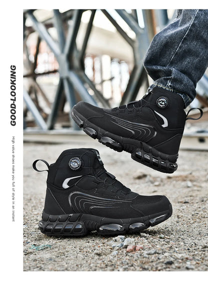 Zapatos de seguridad de caña alta para hombre con botón giratorio, resistentes a impactos y perforaciones, zapatillas de moda para hombre, calzado de seguridad profesional.