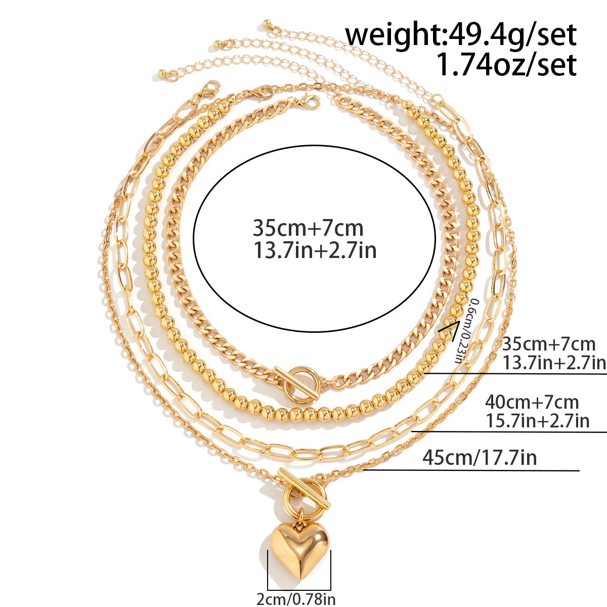 Juego de 4 collares con colgante de corazón estilo punk dorado para mujer, gargantilla de cadena con cuentas y hebilla OT, accesorios de joyería Y2K 2024