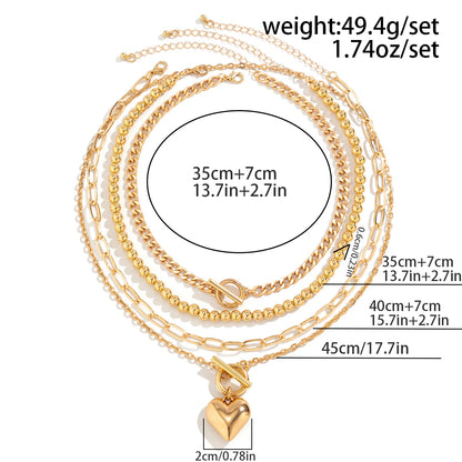 Juego de 4 collares con colgante de corazón estilo punk dorado para mujer, gargantilla de cadena con cuentas y hebilla OT, accesorios de joyería Y2K 2024