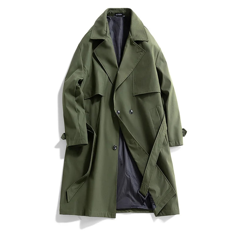 Gabardina larga de hombre, verde militar, corte ajustado, cruzada, con solapa de muesca, cortavientos, ideal para primavera y otoño, estilo casual para actividades al aire libre.