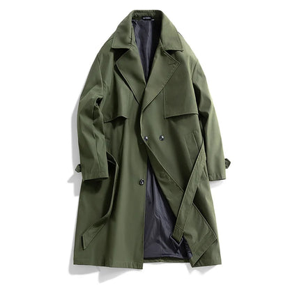 Gabardina larga de hombre, verde militar, corte ajustado, cruzada, con solapa de muesca, cortavientos, ideal para primavera y otoño, estilo casual para actividades al aire libre.