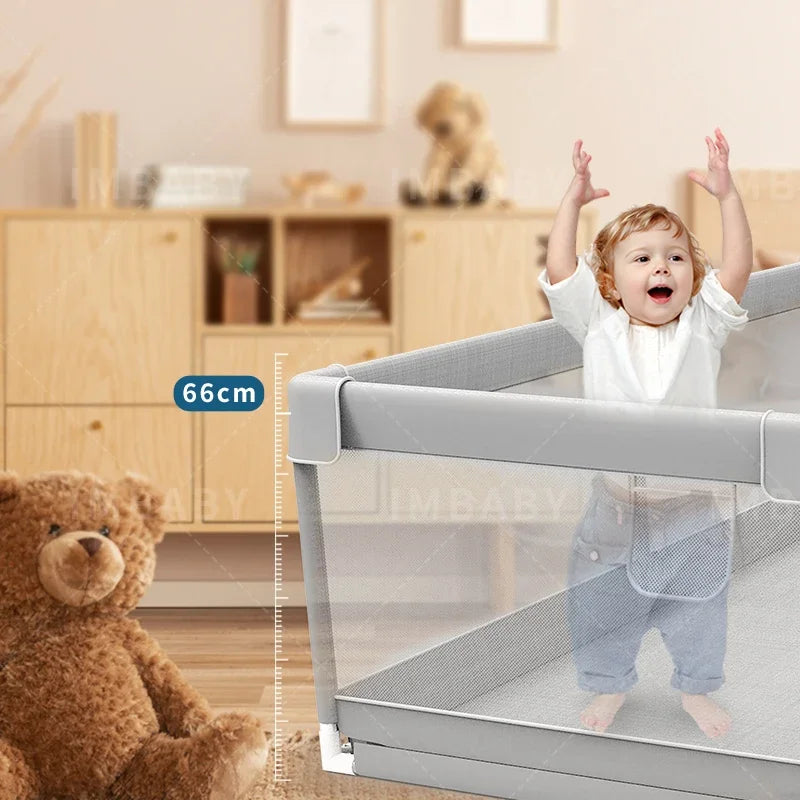 Corralito para bebés IMBABY gris claro con anilla de tiro, barrera de seguridad para niños, cerca y caja de pelota para juegos.