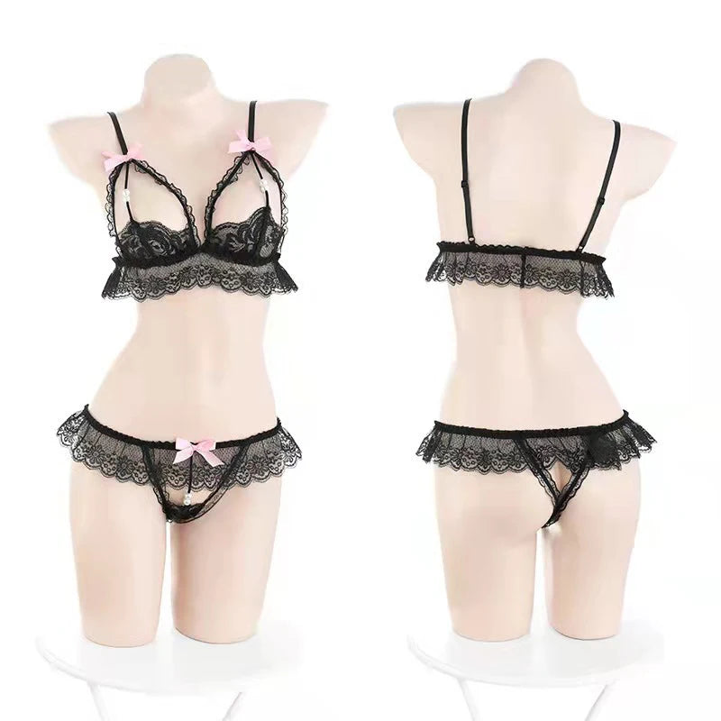 Conjunto erótico de lencería con encaje transparente y sujetador de perlas para mujer, conjunto de ropa interior sexy, color blanco, abierto, sin entrepierna