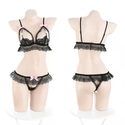 Conjunto erótico de lencería con encaje transparente y sujetador de perlas para mujer, conjunto de ropa interior sexy, color blanco, abierto, sin entrepierna