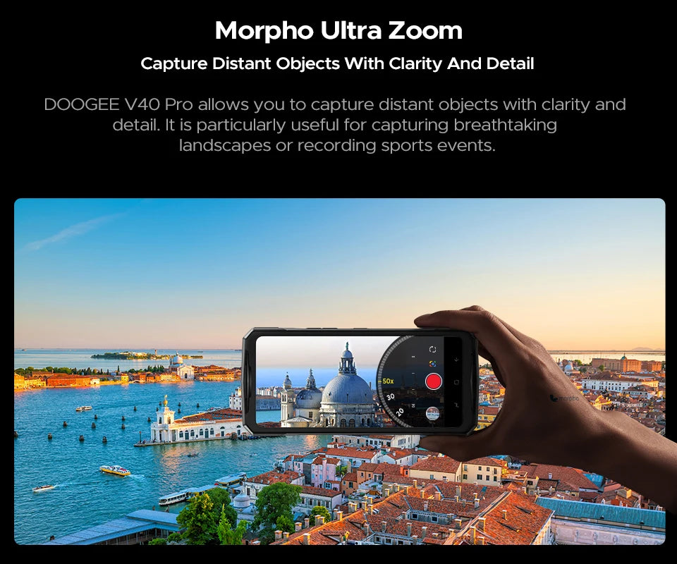 Teléfono robusto DOOGEE V40 Pro 5G versión global, pantalla de 6,78", 16 GB + 512 GB, dimensiones 7300, cámara con IA de 200 MP, 8680 mAh, cargador rápido de 33 W.