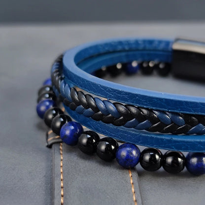Pulseras de cuentas punk para hombre, estilo clásico, de lapislázuli azul, multicapa, de cuero, joyería, regalo, 2025