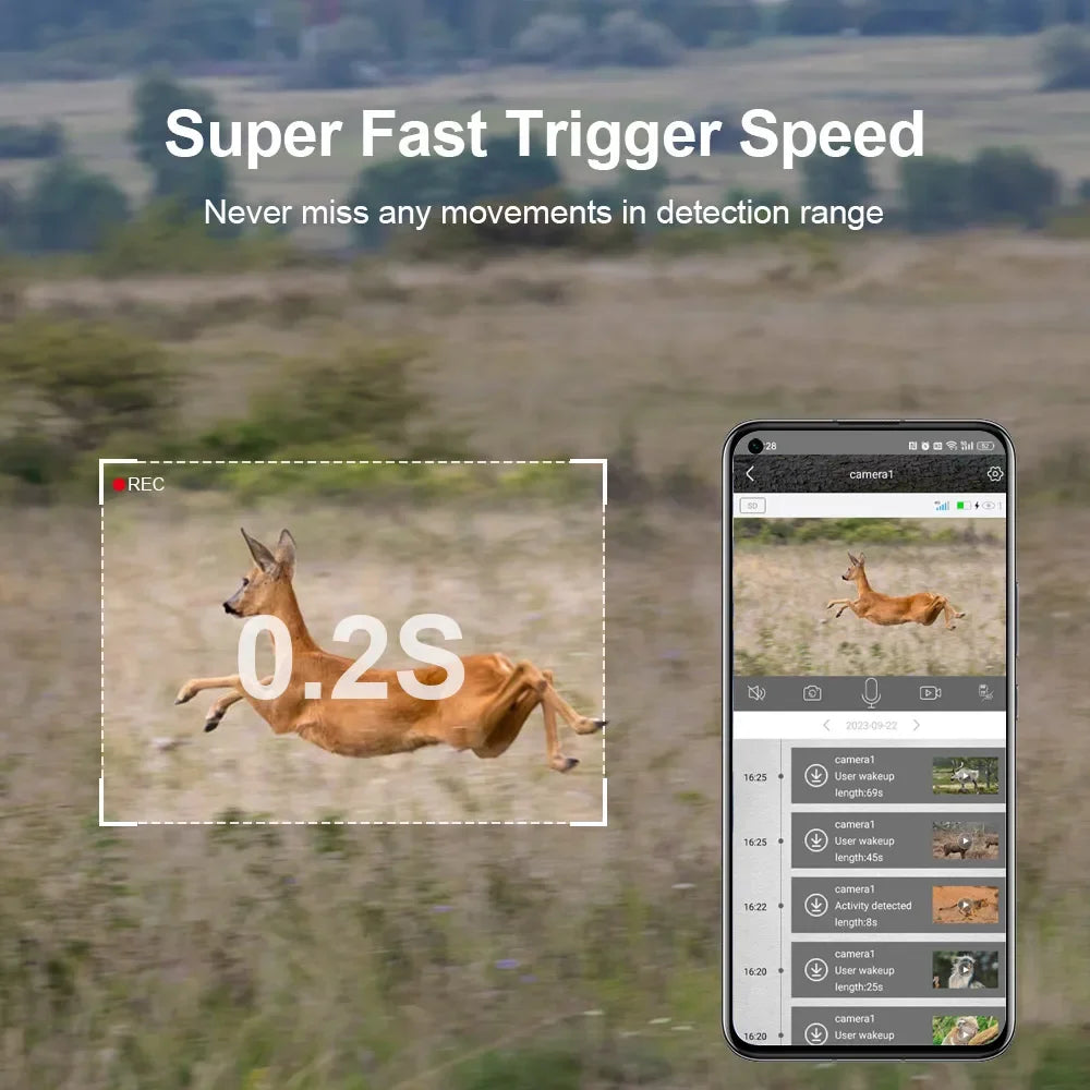 1/2 cámara de rastreo celular UCon 4G 2K con energía solar, activación por movimiento (0,2 s), visión nocturna.