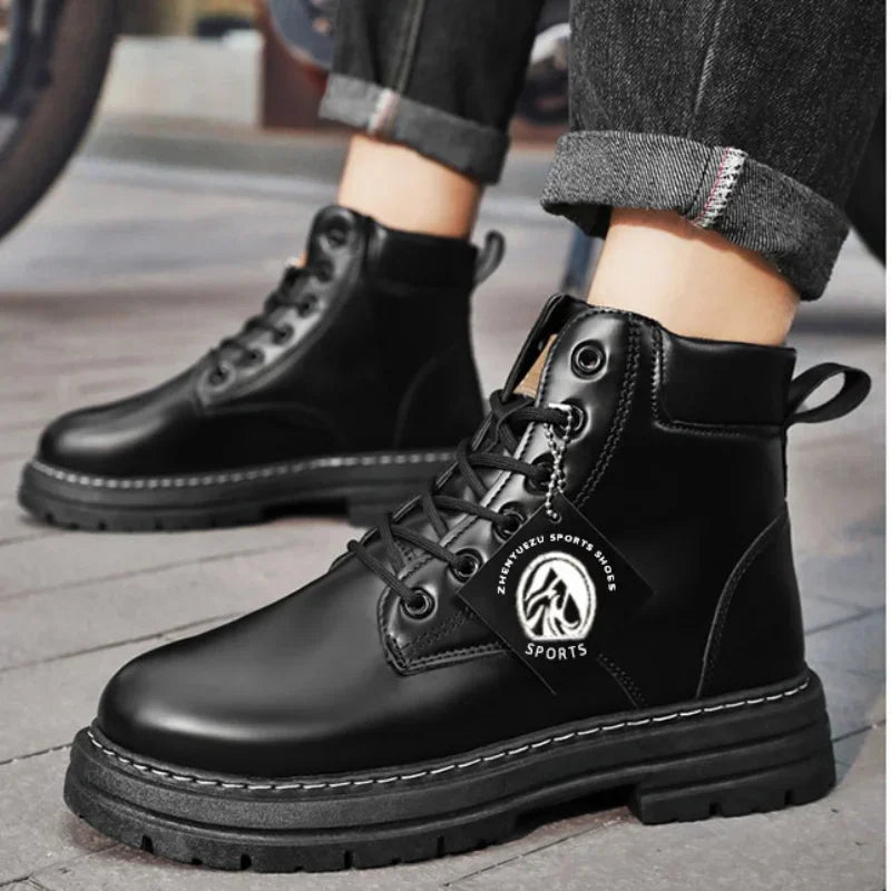 Botas altas de cuero para hombre, botines de moda para exteriores, con cordones, cómodas, planas y antideslizantes