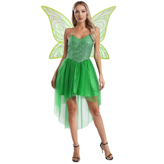 Womens Halloween Green Princess Dress Forest Tinker Costumes Bell Dress with Fairy Tale Wings for Carnival Roleplay Dress Up