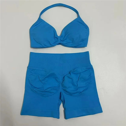 Women's Electric Blue Blossom High Stretch Top Sports Bra Shorts Set Comfortable Gym Workout Yoga Active Wear Impact Outfit