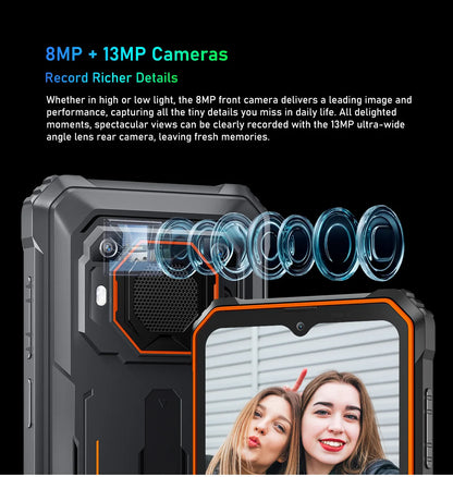 Teléfono resistente Blackview BV6200 con pantalla IPS HD+ de 6,56 pulgadas, batería de 13000 mAh, 8 GB (4+4) de RAM, 64 GB de almacenamiento, cámara de 13 MP, GPS, Android 13 y certificación IP68/IP69K.