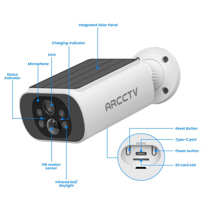 Kit de cámara ARCCTV de 4 MP con batería solar y wifi, sistema de vigilancia y alarma con sirena y detección humanoide, para exteriores.