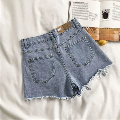 Pantalones cortos vaqueros coreanos de verano para mujer, moda informal, cintura alta, rotos, con bolsillos y borlas, estilo Y2K, ropa de calle, pantalones azules