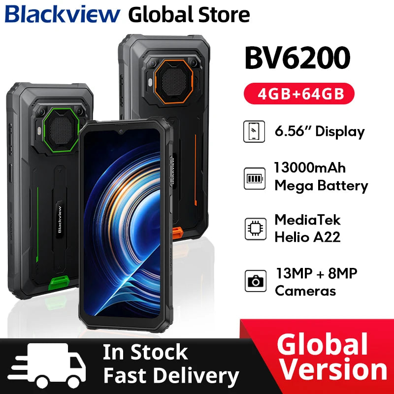 Teléfono resistente Blackview BV6200 con pantalla IPS HD+ de 6,56 pulgadas, batería de 13000 mAh, 8 GB (4+4) de RAM, 64 GB de almacenamiento, cámara de 13 MP, GPS, Android 13 y certificación IP68/IP69K.
