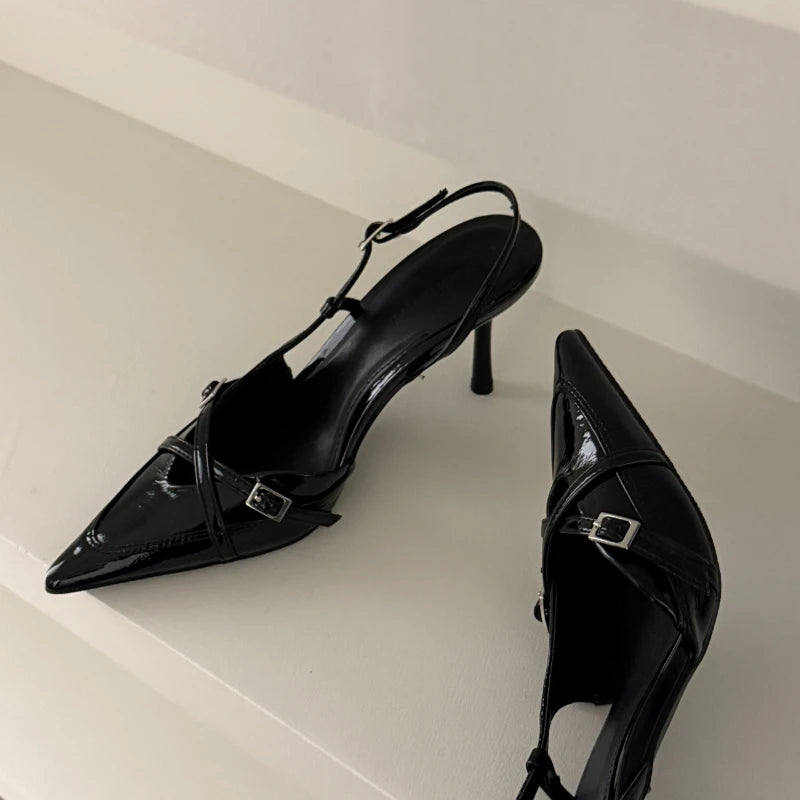 2025 New Women's Sandals Trendy Buckle Designer Summer Elegant Pointed Toe Pumps High Heels Outdoor Banquet Slingback Shoes