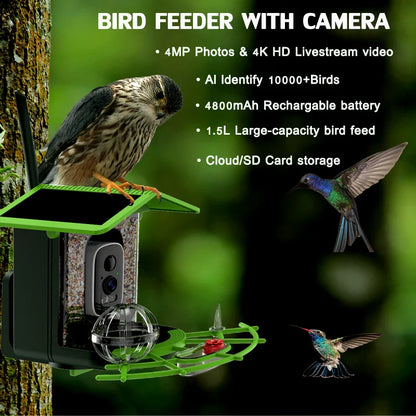 Cámara para comedero de pájaros 4MP 2K HD, captura de vídeo de aves, WiFi, alimentación solar, batería con panel solar, alertas instantáneas, observación de aves
