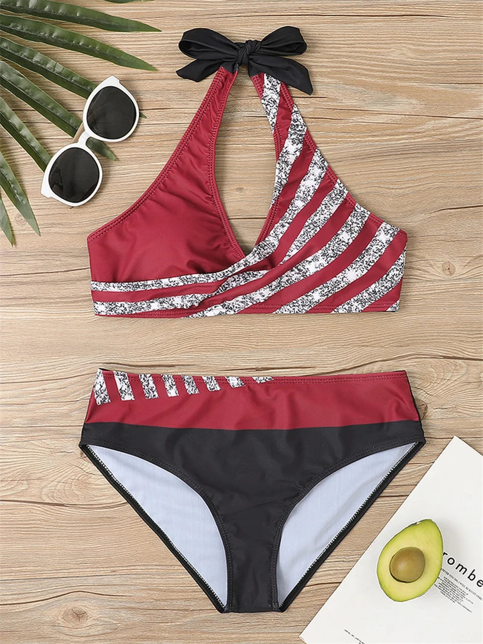 Conjunto de bikini con cuello en V 2024 para mujer, traje de baño de verano con estampado de rayas y patchwork, ropa de playa, traje de baño para mujer, talla 2XL