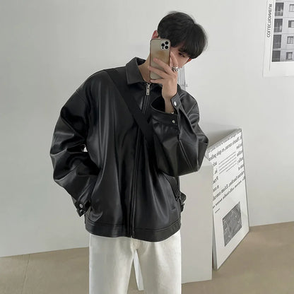 Chaqueta de cuero de PU holgada para hombre, estilo coreano, estilo béisbol, informal, para motocicleta, primavera y otoño, 2023