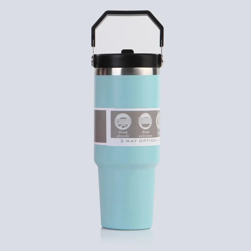 Vaso portátil de acero inoxidable de 30 oz con aislamiento para coche, con pajita y doble pajita para bebidas frías, ideal para usar en el vehículo.