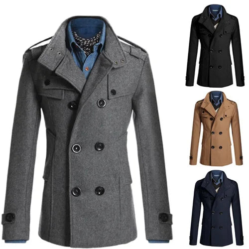 2025 New Jacket Men's Windbreaker Winter Men's Woolen Blend Double Breasted Standing Collar Long Sleeved Casual Jacket Jacket