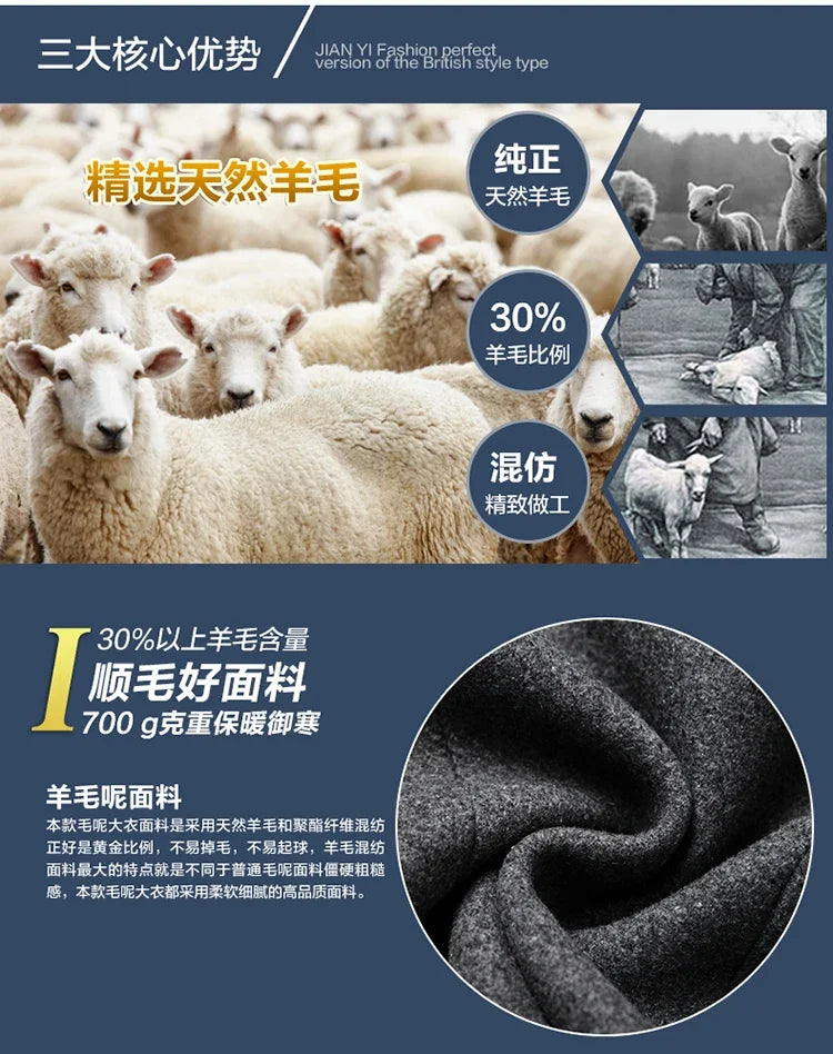 Nueva chaqueta cortavientos larga de lana de alta calidad para hombre, color negro y gris, clásica, gruesa y cálida, ideal para otoño e invierno (2025).