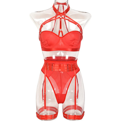 Conjunto de lencería sexy para mujer, con panel de encaje, escote en V profundo, glúteos abiertos, tirantes con forma de corazón de melocotón, cadena cruzada, liguero, ropa interior de tres piezas
