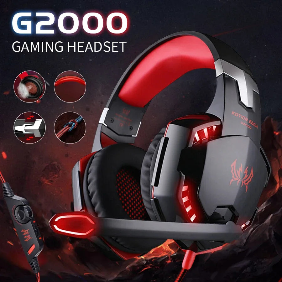 Auriculares para juegos con cable, grandes, con luz LED, micrófono, estéreo, graves profundos, para PC, portátil, PS4, Xbox