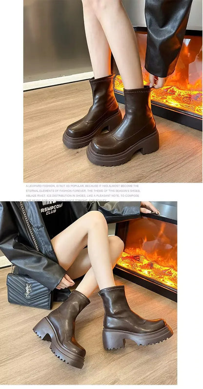 Botines con plataforma para mujer, con aumento de altura, elásticos, adelgazantes, modernos, para otoño e invierno