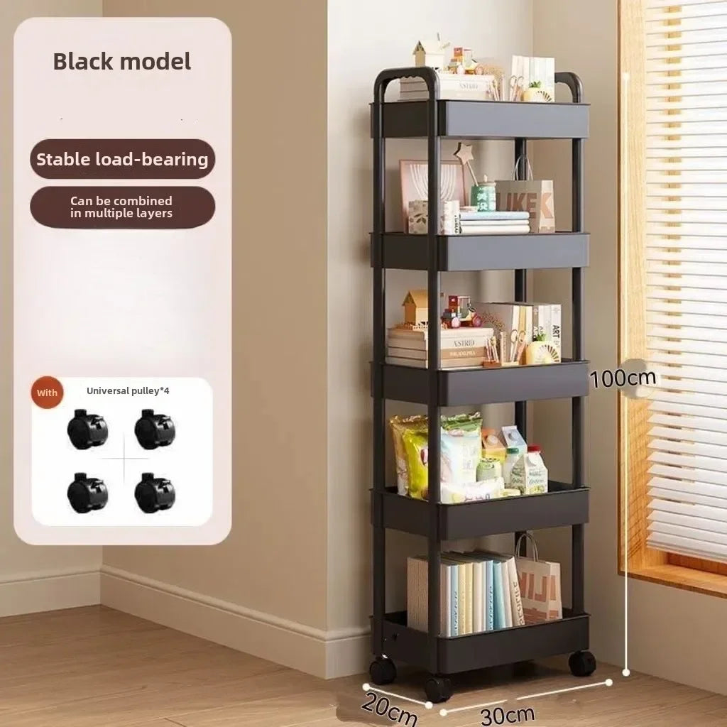 Carrito de almacenamiento multifuncional blanco con ruedas 2025: estantes abiertos para sala de estar y exhibición de libros, ideal para cocina y dormitorio.