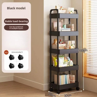 Carrito de almacenamiento multifuncional blanco con ruedas 2025: estantes abiertos para sala de estar y exhibición de libros, ideal para cocina y dormitorio.