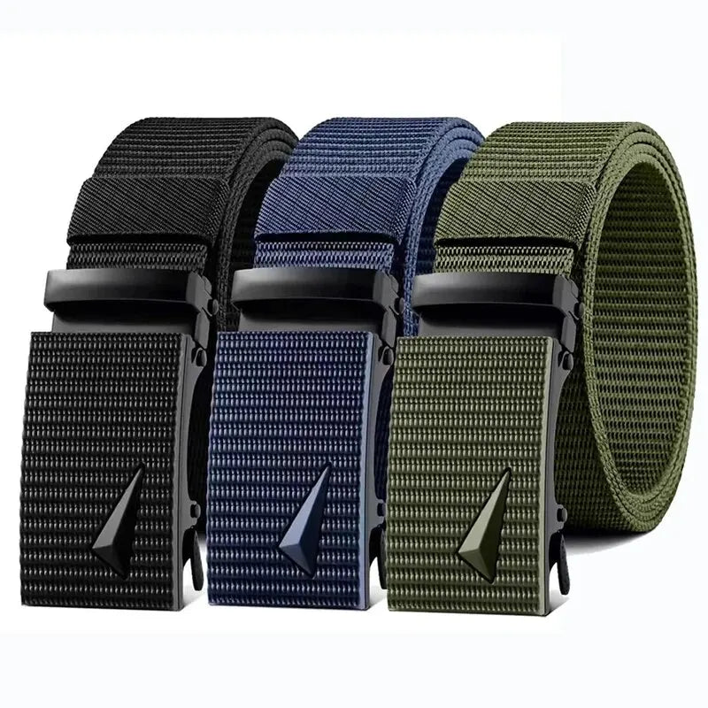 Cinturón de hombre con hebilla automática de metal y nailon de imitación, para trabajo al aire libre, con hebilla automática sin dientes, informal, deportivo, de lona.