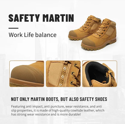 Botas de seguridad de lujo de caña alta en piel de vacuno para hombre, con puntera de acero, protección antiimpactos y antipinchazos, resistentes al desgaste.