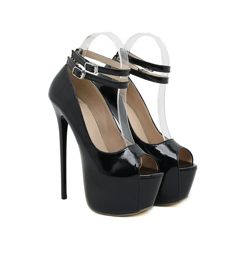 Liyke Fashion Design Sandalias de plataforma con doble hebilla y correa para mujer, zapatos de tacón sexy con punta abierta de 16,5 cm, tacones súper altos, zapatos de stripper blancos