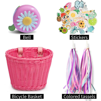 Conjunto de cesta de bicicleta para niños, timbre, borla y pegatinas. Cesta de bicicleta de ratán tejida a mano para manillar delantero. Accesorios de ciclismo.