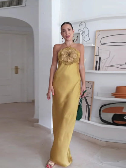 Elegante vestido de fiesta para mujer, con flores 3D, estilo halter, sin mangas, espalda descubierta, de satén estilo sirena, para mujer, verano 2025, elegante vestido de noche para mujer.