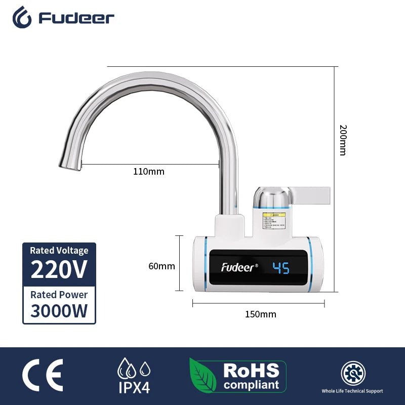 Calentador de agua eléctrico Fudeer de 3000 W y 220 V para grifo de cocina, sin tanque, calentamiento instantáneo, mezclador con agua caliente y pantalla digital.