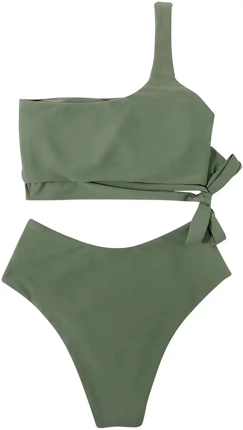 Bikini de un solo hombro para mujer, traje de baño dividido, color liso, traje de baño de playa de verano, traje de baño para mujer