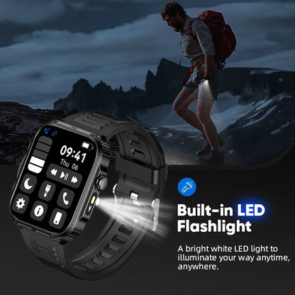 Reloj inteligente de 2,01 pulgadas para hombre y mujer, con linterna LED, control del ritmo cardíaco, para deportes al aire libre y fitness, resistente al agua