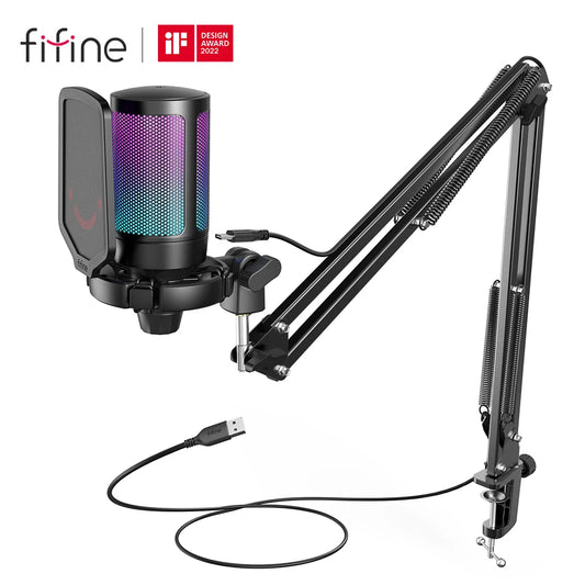 Kit de micrófono USB para juegos FIFINE para PC, PS4/5, micrófono cardioide de condensador con botón de silencio/RGB/soporte de brazo, para transmisión de video - A6T