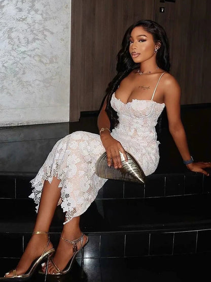 Vestido largo de encaje MUJER para mujer, con corsé bordado, estilo midi, sexy, sin espalda, ideal para fiestas.