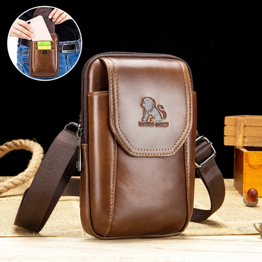 Saco de cintura de cuero genuino masculino auténtico, puede ser desgastado con ganchos, saco del teléfono