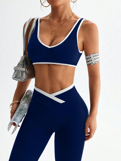 Conjunto deportivo con tirantes anchos y bloqueo de color, conjunto deportivo de una pieza para yoga y fitness con control de abdomen para mujer a prueba de golpes