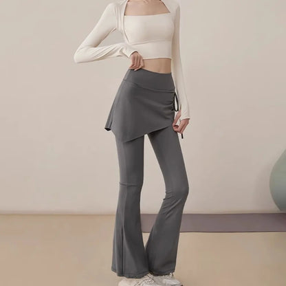 Leggings deportivas 2 en 1 con diseño de falda, dobladillo acampanado, cintura alta y cordón ajustable para yoga, actividades al aire libre y fitness.