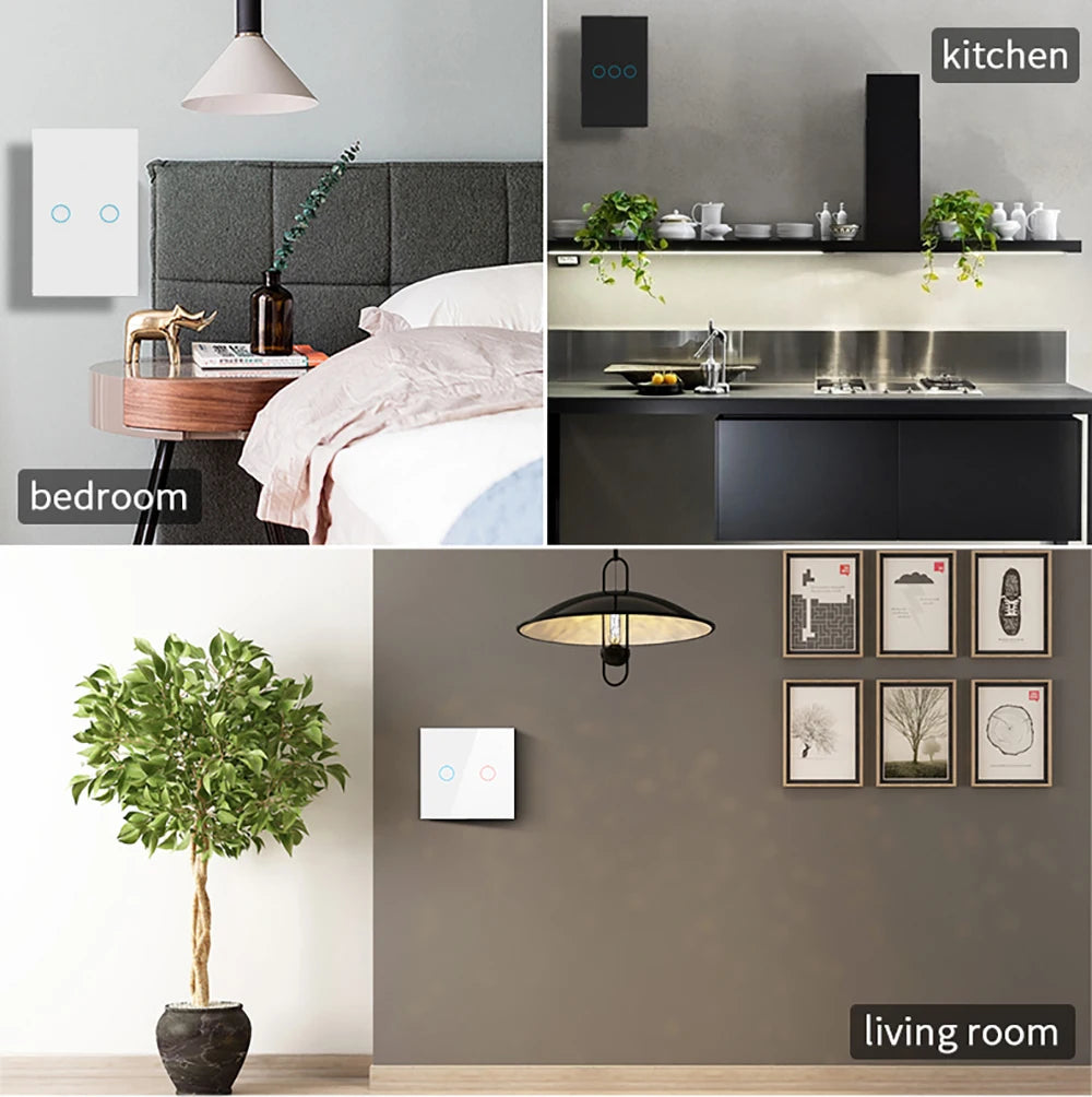 Interruptor táctil AC100-240, panel LED de alimentación, interruptores de luz de pared, vidrio templado, negro, blanco, 1, 2 o 3 entradas.