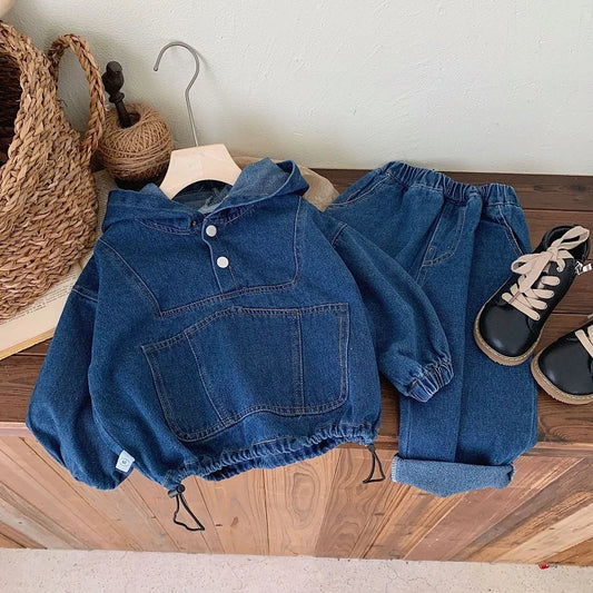 Ropa para niños Primavera y Otoño, sudadera con capucha de mezclilla para niño, conjunto de pantalón y top de manga larga de color liso Baoyang para mujer