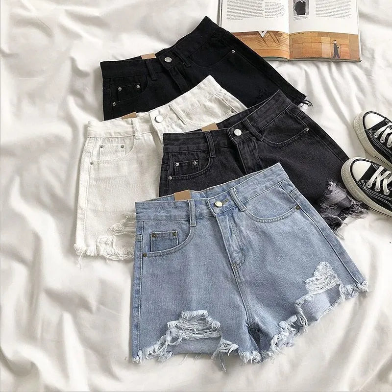 Pantalones cortos vaqueros coreanos de verano para mujer, moda informal, cintura alta, rotos, con bolsillos y borlas, estilo Y2K, ropa de calle, pantalones azules