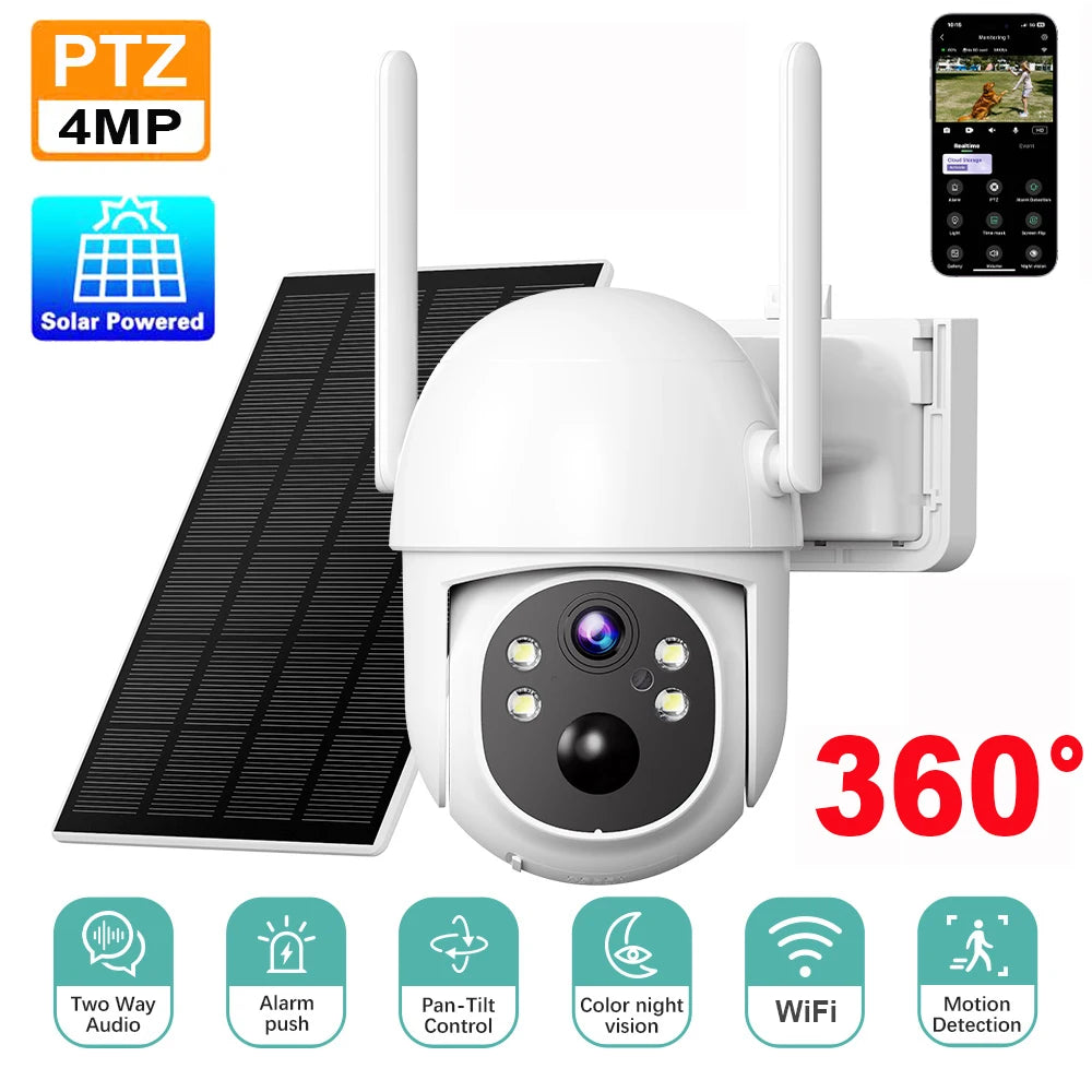 Cámara solar WiFi de 4 MP para exteriores, 2K, batería integrada, cámara de seguridad tipo domo con alimentación solar, alarma de movimiento PIR, almacenamiento en la nube y audio bidireccional.