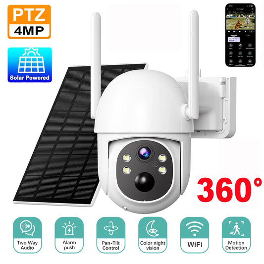 Cámara solar WiFi de 4 MP para exteriores, 2K, batería integrada, cámara de seguridad tipo domo con alimentación solar, alarma de movimiento PIR, almacenamiento en la nube y audio bidireccional.