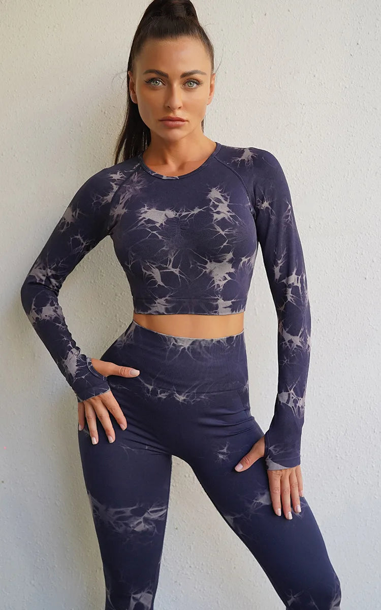 VEQKING - Ropa de yoga teñida para mujer, top corto de manga larga, pantalones de yoga de cintura alta, conjuntos deportivos, ropa de gimnasio de secado rápido