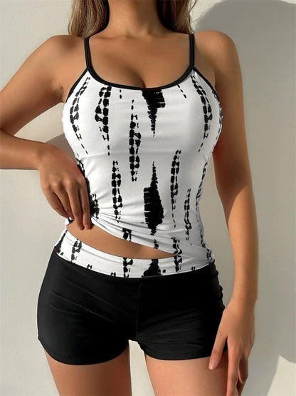 Traje de baño de dos piezas para mujer 2025, nuevo traje de baño liso con estampado de tirantes, tankini de verano, pantalones cortos tipo bóxer de cintura alta, traje de baño de playa para mujer
